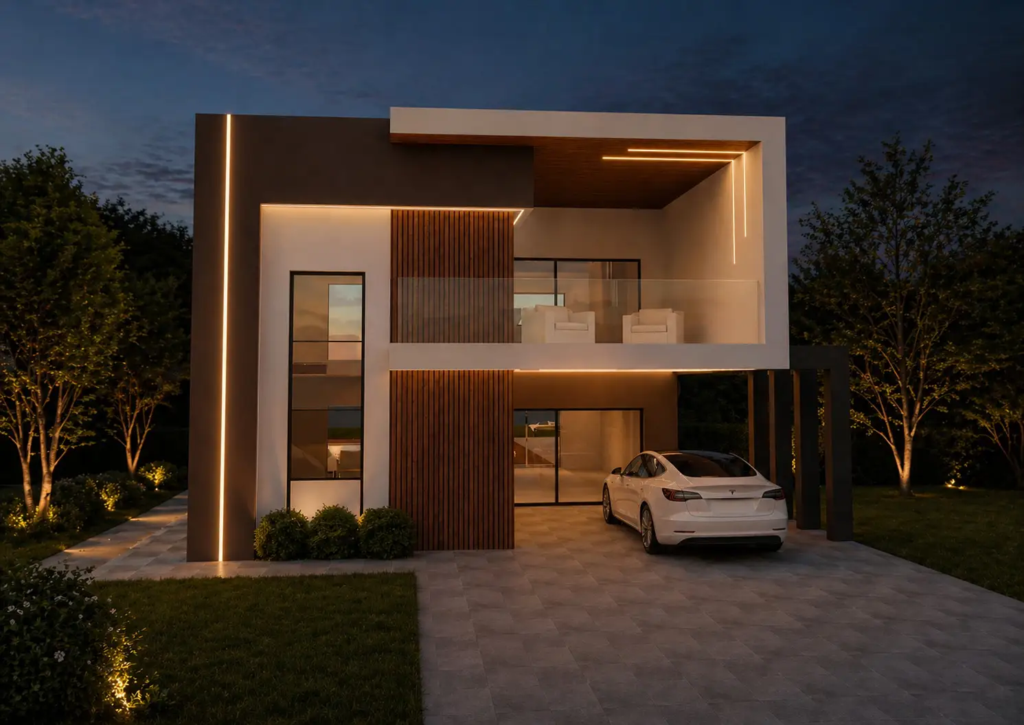 Illuminated villa facade at night, Portugal