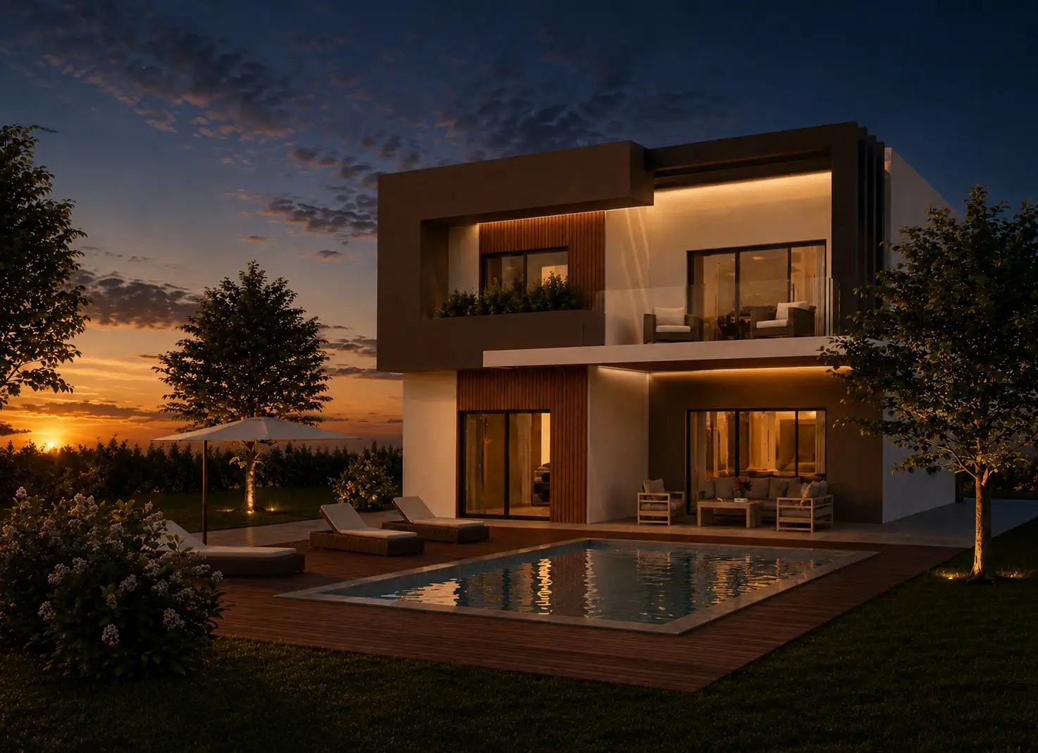 Pool terrace at dusk, Portugal