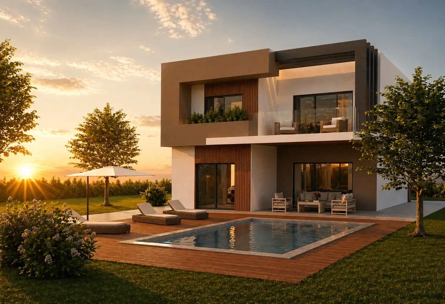 Pool terrace in golden evening light, Portugal